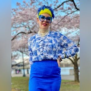 Floral Cascading Ruffle Neck Blouse